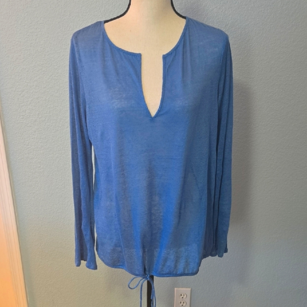ELIE TAHARI Blue Linen Long Sleeve Lightweight Sweater Rounded V Neck Sz LARGE